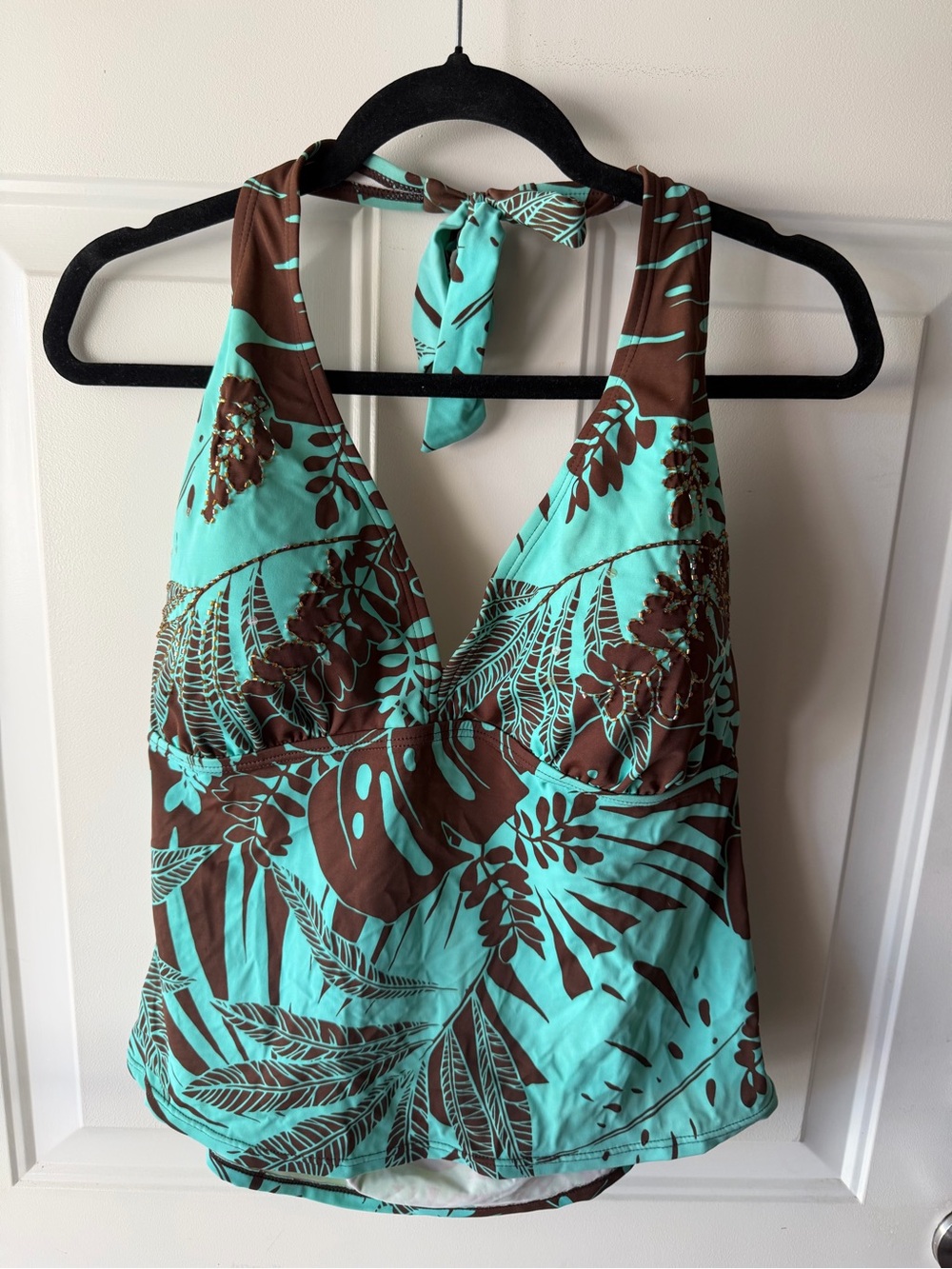18W Aqua and Brown Tropical Halter Tankini Top.